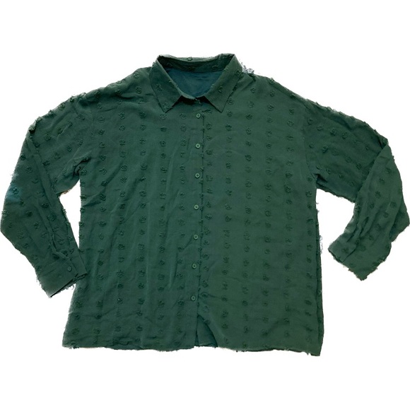 C01 Chiffon Button Up Shirt Swiss Polka Dot Top Dark Green Long Sleeve Sz 2XL - Picture 5 of 9